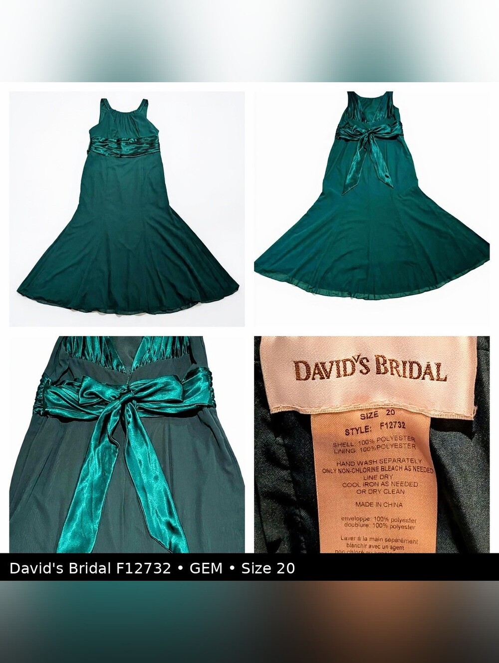 NWT David's Bridal F12732 GEM Teal Chiffon Bridesmaid Dress Size 20